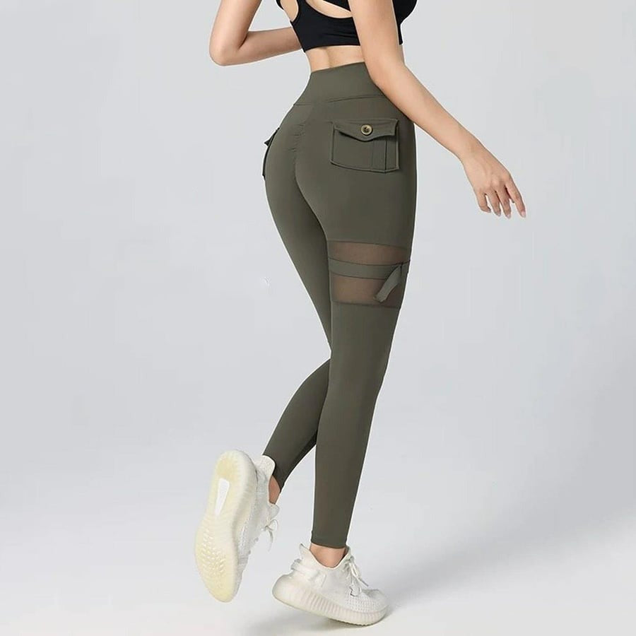 Mesh Functional Button High Waist Sexy Peach Hip Lifting Yoga Leggings