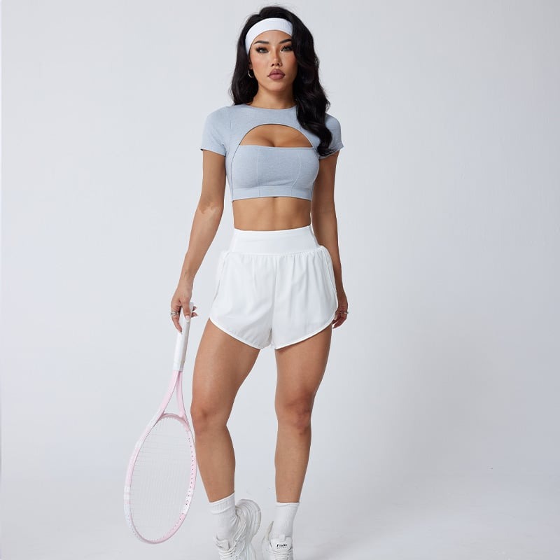 Sexy Hollow Gathered Short Sleeve Yoga Top