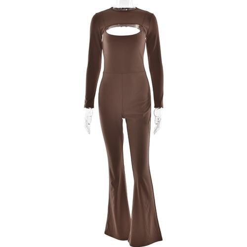 Sexy Hollow Round Neck Long Ssleeve Backless Jumpsuit Suits