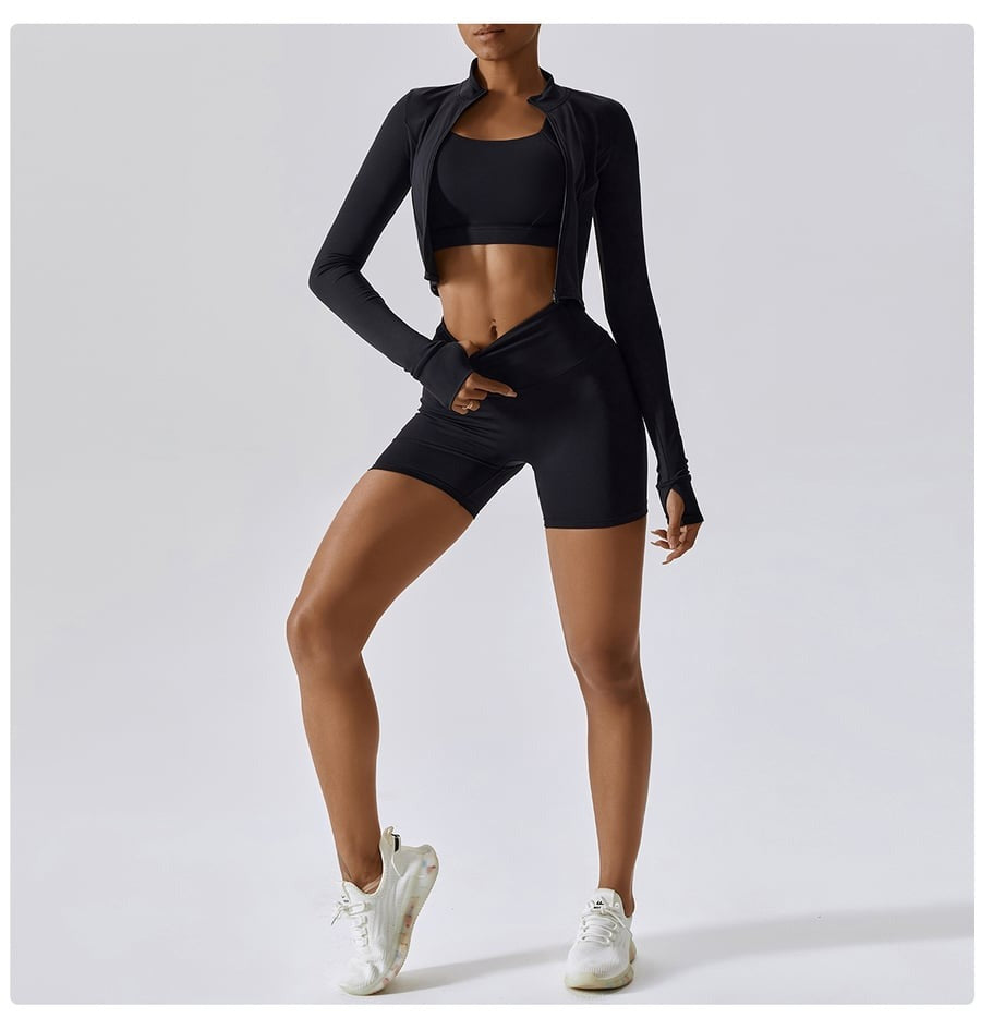 BREEHER Zipper Long Sleeves Shorts Three Piece Set Sports Suits