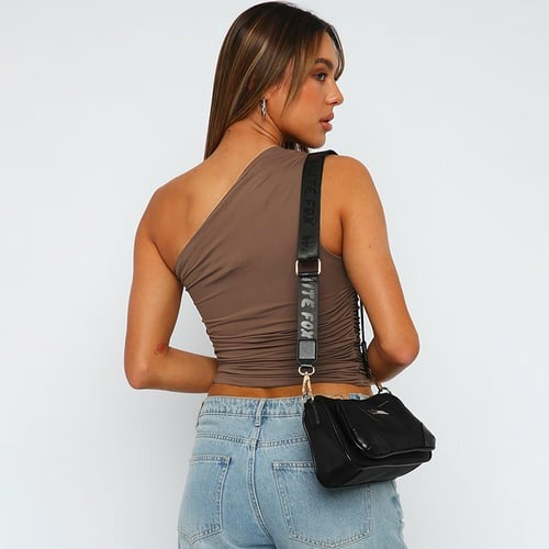 Solid Color One Shoulder Backless Smocked Tank Cropped Top