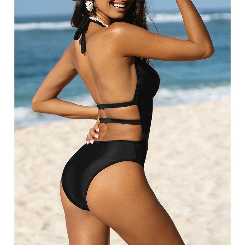 Deep V halterneck mesh sexy One Piece Swimsuit