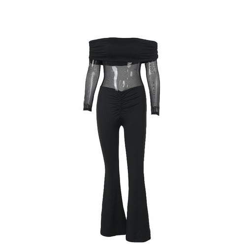 Sexy Mesh Stitching One-shoulder Long-sleeved Jumpsuit