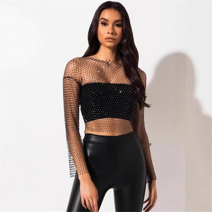 Sexy Rhinestone Hollow Top Blouse