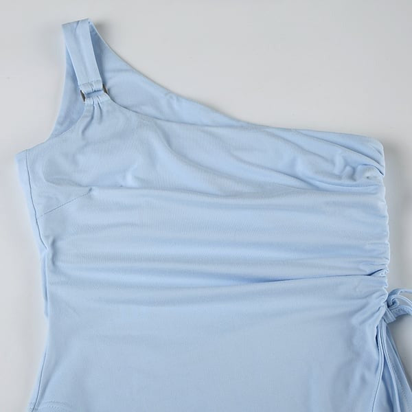 Sexy Pleated Tie One Shoulder Oblique Collar Top