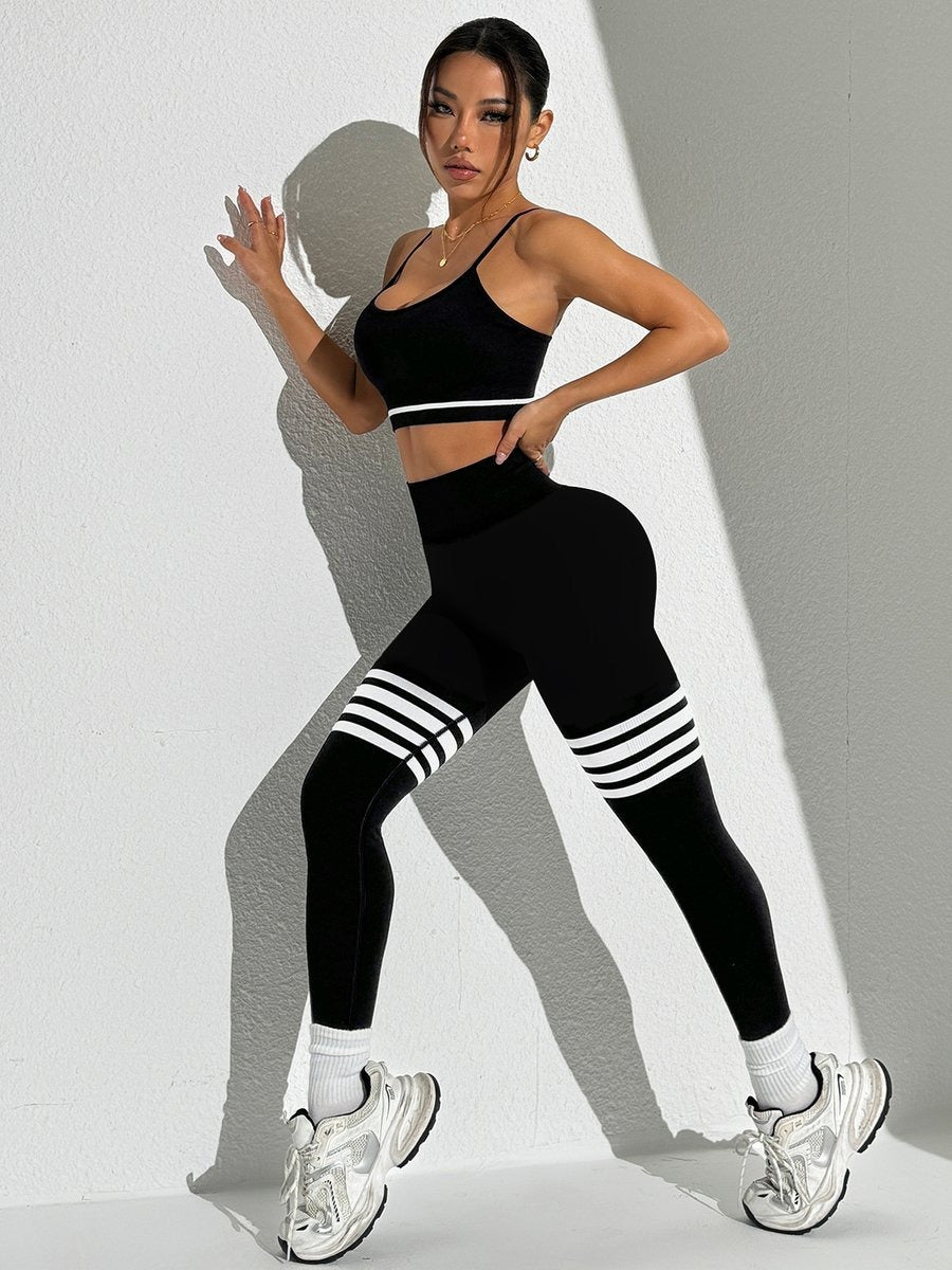 Striped Suspender Bra Hip-lifting High-waist Leggings Yoga Set