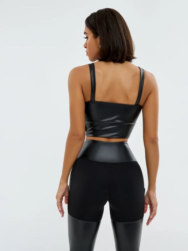 Sexy PU Deep V Cropped Yoga Bra Top