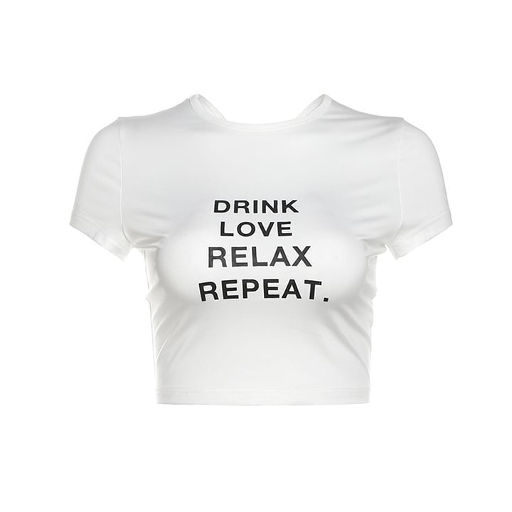 Sexy Letter Printed Back Pleated Short Sleeve Cropped Tank Top