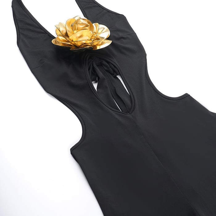Deep V Halter Backless Strappy 3D Flower Jumpsuit