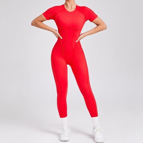 Reverse Line Sexy Backless Solid Color Short Sleeve Tight Jumpsuit