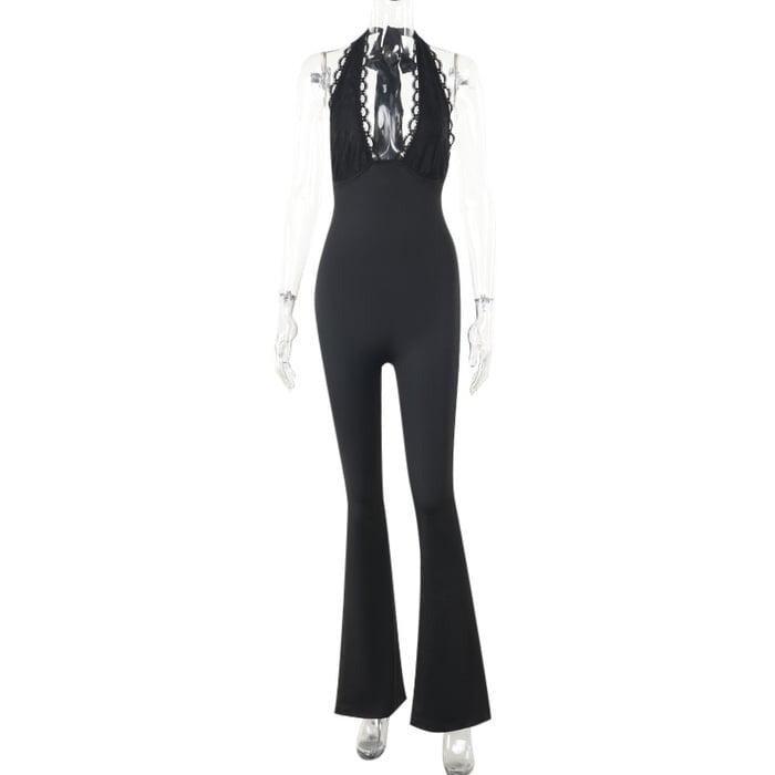 Sexy Lace Deep V Neck Halter Backless Jumpsuit
