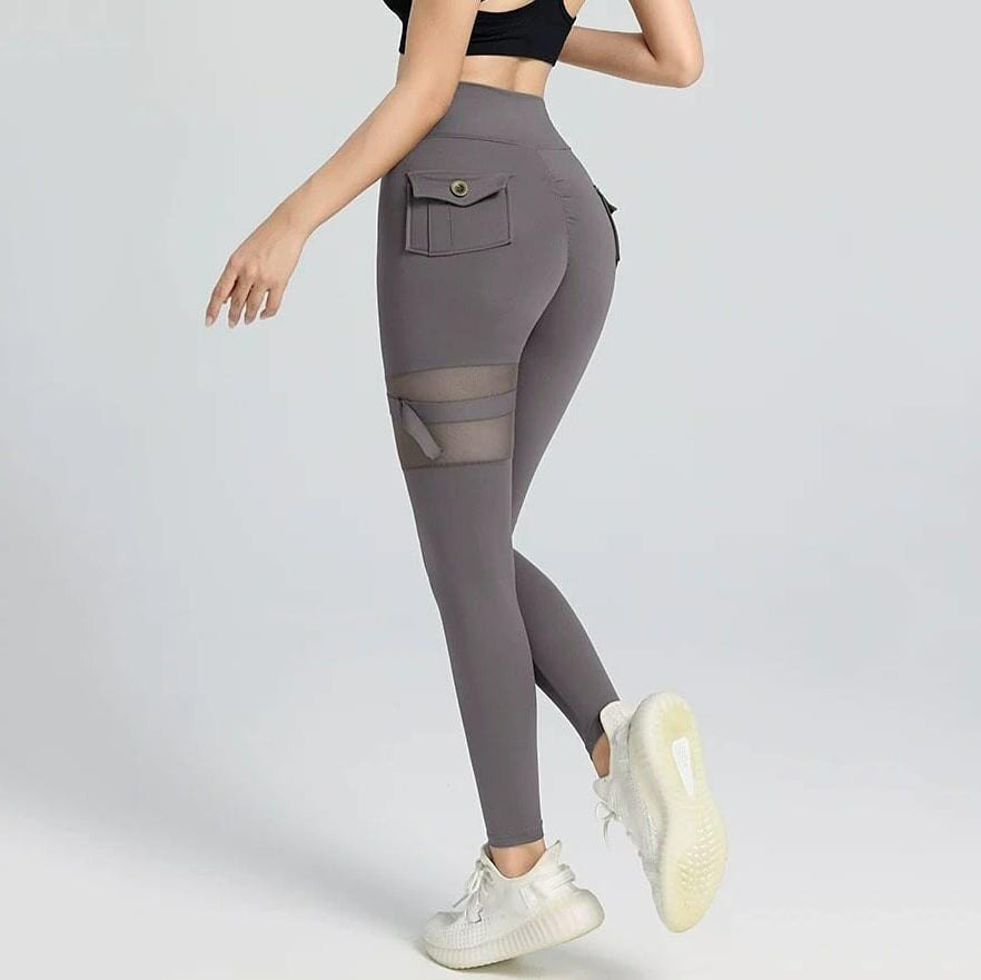 Mesh Functional Button High Waist Sexy Peach Hip Lifting Yoga Leggings