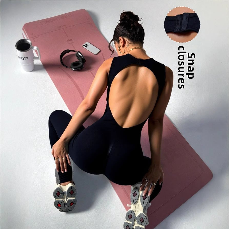 Snap Closures Backless Peach Hip Lift Yoga Jumpsuit