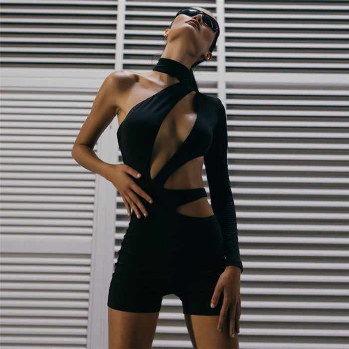 Sexy Solid Color Cut-out Hollow Halter Neck One-sleeve Jumpsuit