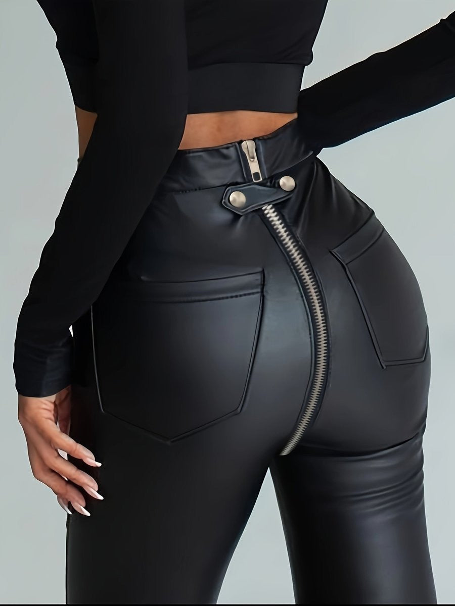 Female Faux Leather Zipper Buttons Pocket Leggings