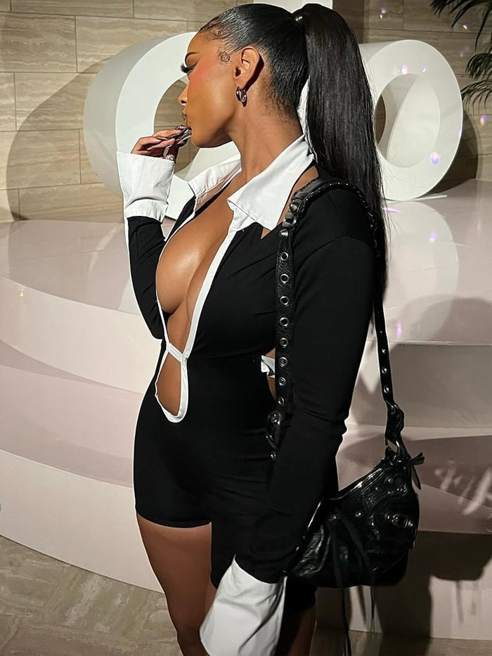 Sexy Hollow Contrast Color POLO Neck Jumpsuit