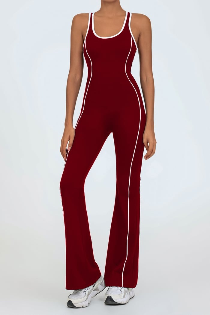 Backless Colorblock Nude Sports Fitness One-Piece Flared Jumpsuit with Chest Pad
