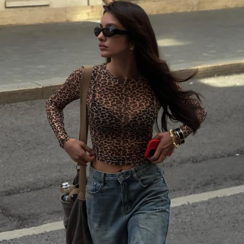 Sexy Leopard Print Mesh See-Through Long Sleeve T-Shirt Top