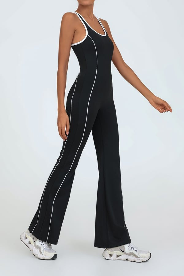 Backless Colorblock Nude Sports Fitness One-Piece Flared Jumpsuit with Chest Pad