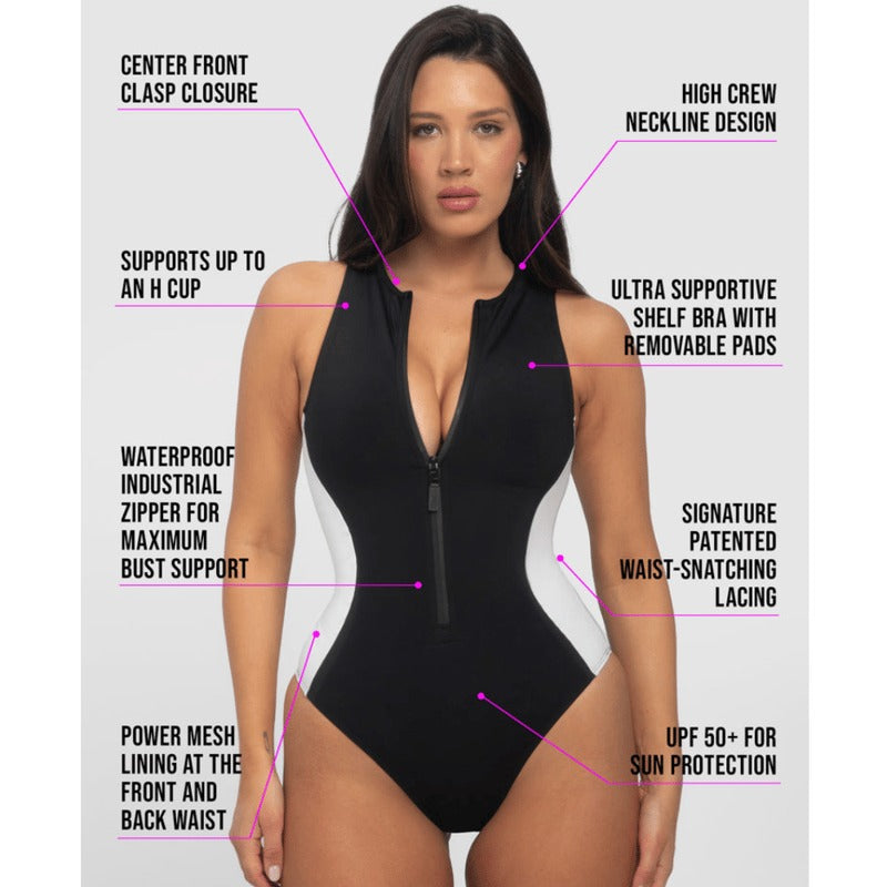 Tummy Control Black Sleeveless Functional Shaping One-Piece Swimsuit Set