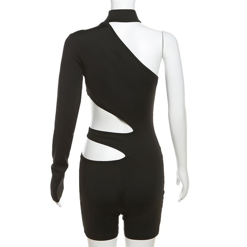 Sexy Solid Color Cut-out Hollow Halter Neck One-sleeve Jumpsuit