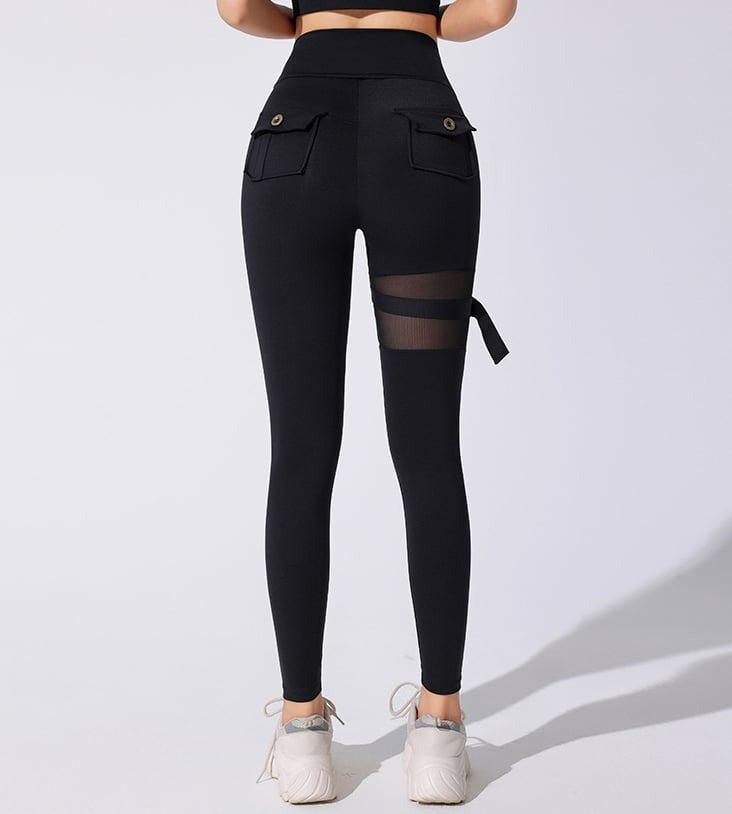 Mesh Functional Button High Waist Sexy Peach Hip Lifting Yoga Leggings