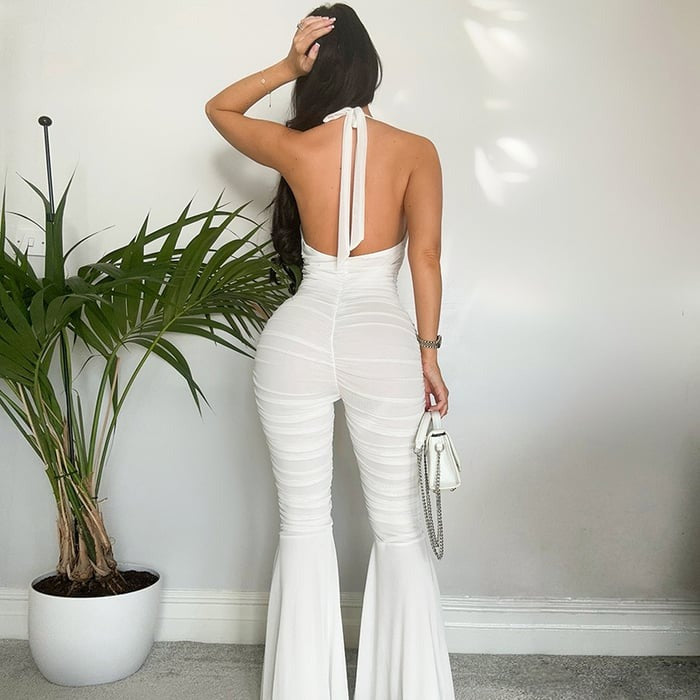 Halter Backless Deep V Ruffled Lace-up Flared Jumpsuit
