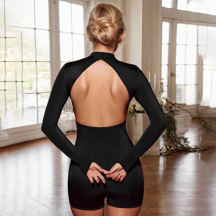 Sexy Hollow Solid Color Long Sleeve Backless Romper Jumpsuit