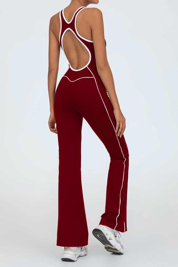 Backless Colorblock Nude Sports Fitness One-Piece Flared Jumpsuit with Chest Pad