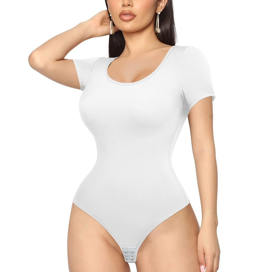 Seamless Round Neck Short Sleeve Thong Tummy Control Body Shaper Bodysuits