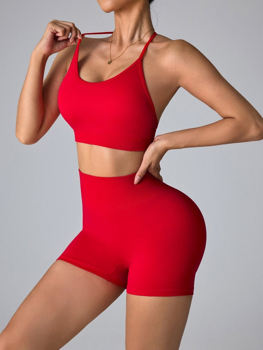 Seamless Halter Backless Bra Butt Lifting High Waist Shorts Yoga Set