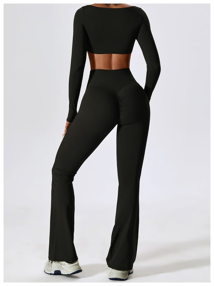 BREEHER Crop Top Long Sleeves Hip Lifting Two Piece Set Sports Suits
