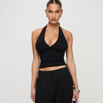 Sexy Deep V-neck Halter Neck Solid Color Cropped Top