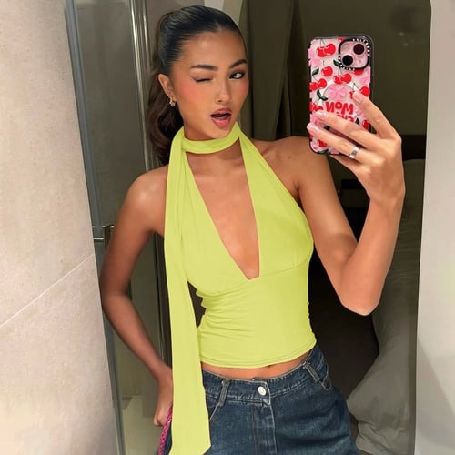 Sexy Neck Tie Low Cut Back Hollow Strap Top