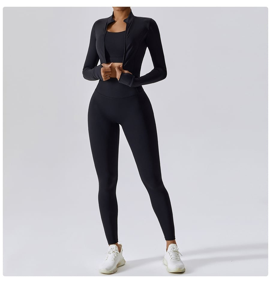 BREEHER Zipper Long Sleeves Leggings Three Piece Set Sports Suits