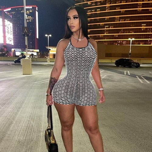 Sexy Halter Neck Contrast Striped Backless Lace-up Jumpsuit Romper