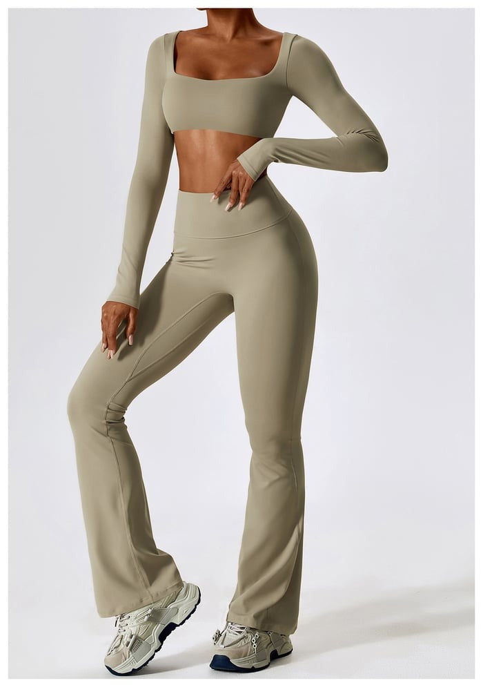BREEHER Crop Top Long Sleeves Hip Lifting Two Piece Set Sports Suits