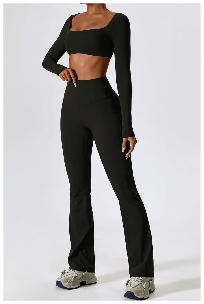BREEHER Crop Top Long Sleeves Hip Lifting Two Piece Set Sports Suits