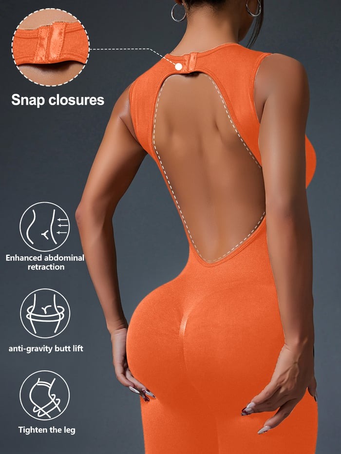 Snap Closures Backless Peach Hip Lift Yoga Jumpsuit