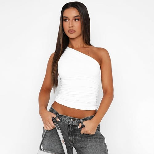 Solid Color One Shoulder Backless Smocked Tank Cropped Top