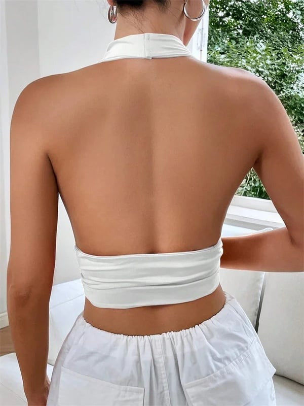 Sexy Deep V Backless Cross Halter Cropped Top