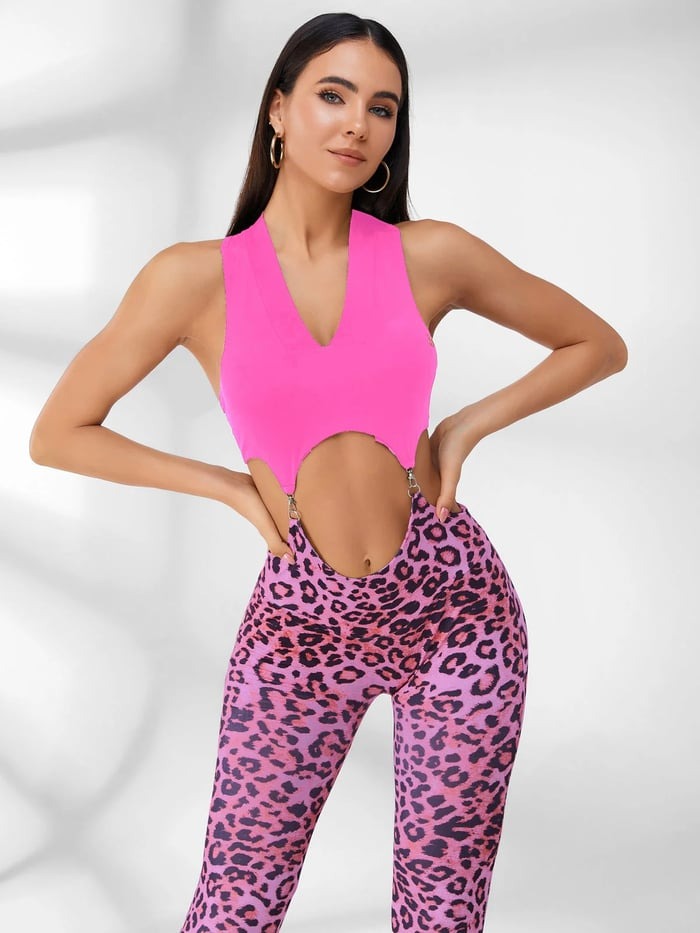 Female Leopard V Collar Hollow Out Jumpsuit