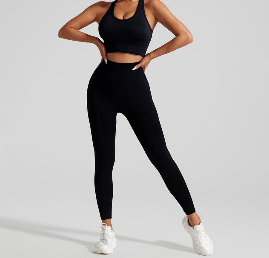 BREEHER Solid Color Hollow Seamless Peach Hip Lifting Fitness Yoga Bra&Legging Sets