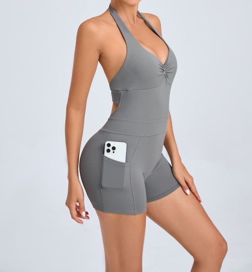 Adjustable Halter Backless Side Pocket Yoga Jumpsuit