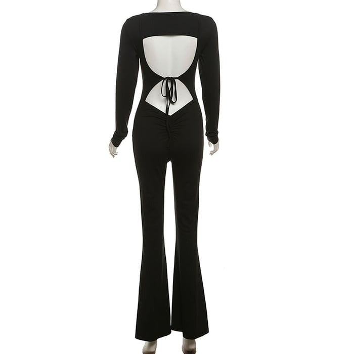 Sexy Solid Color Square Neck Backless Flared Jumpsuit