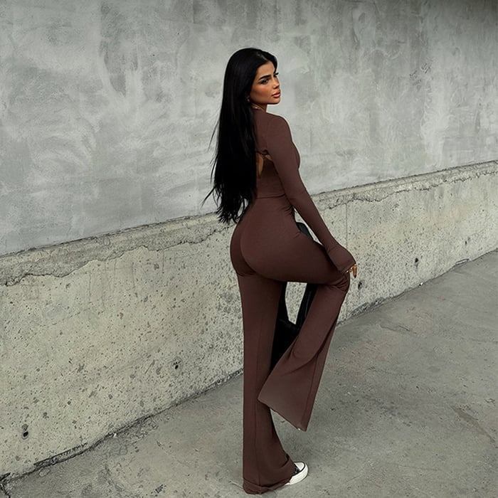 Sexy Hollow Round Neck Long Ssleeve Backless Jumpsuit Suits