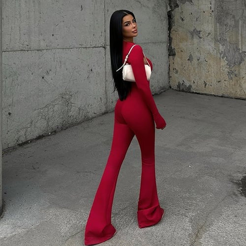 Sexy Hollow Round Neck Long Ssleeve Backless Jumpsuit Suits