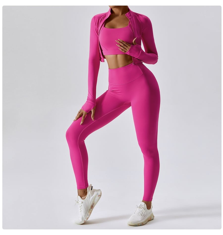 BREEHER Zipper Long Sleeves Leggings Three Piece Set Sports Suits