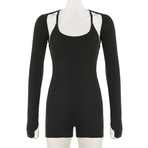 Solid Color Suspender Backless Jumpsuit & Long Sleeve Cover Up Yoga Set