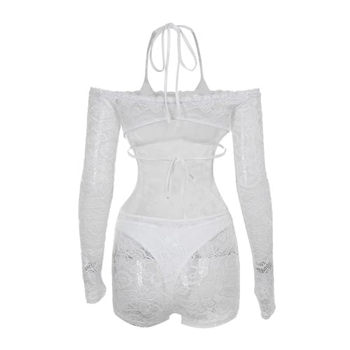 Sexy Lace Hllow Off-shoulder Lace-up Long-sleeved Jumpsuit Romper